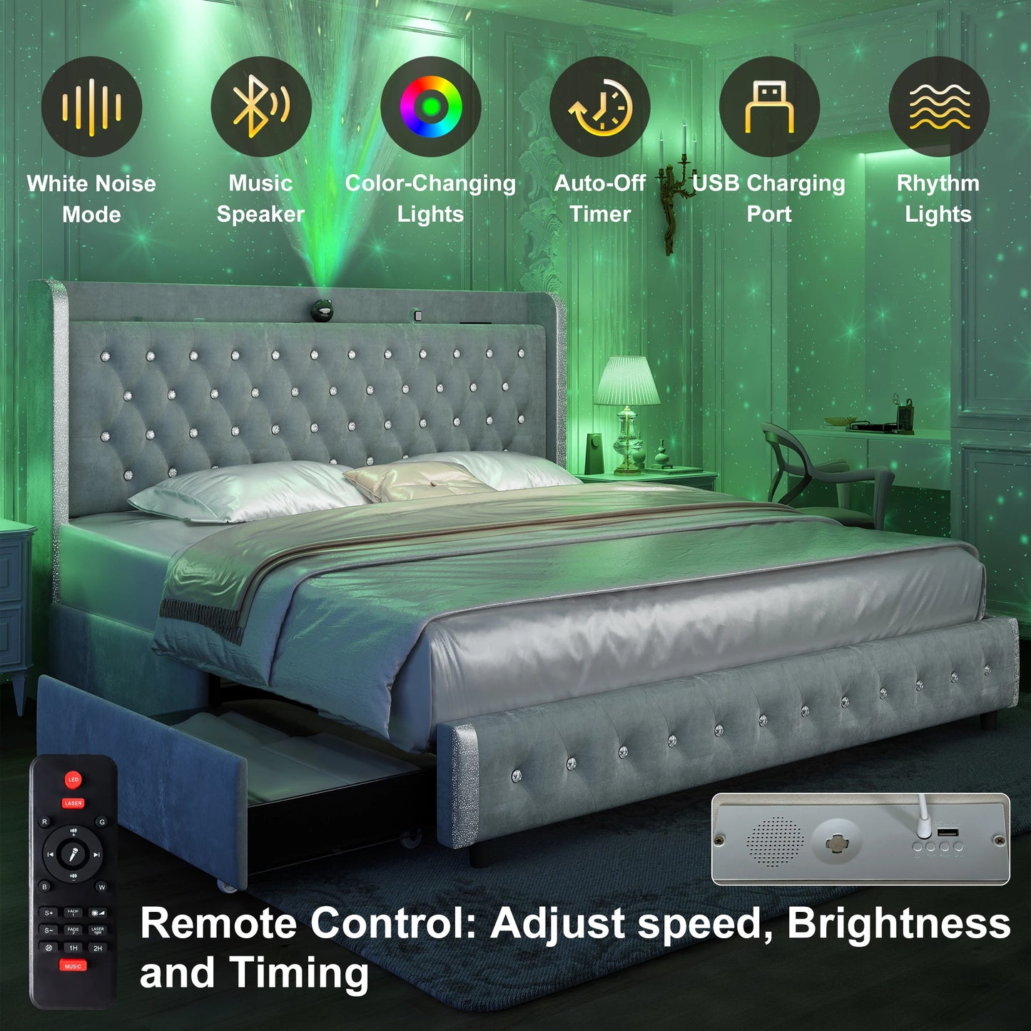 GEGOFORU Queen LED Bed Frame With Galaxy Projector Bluetooth