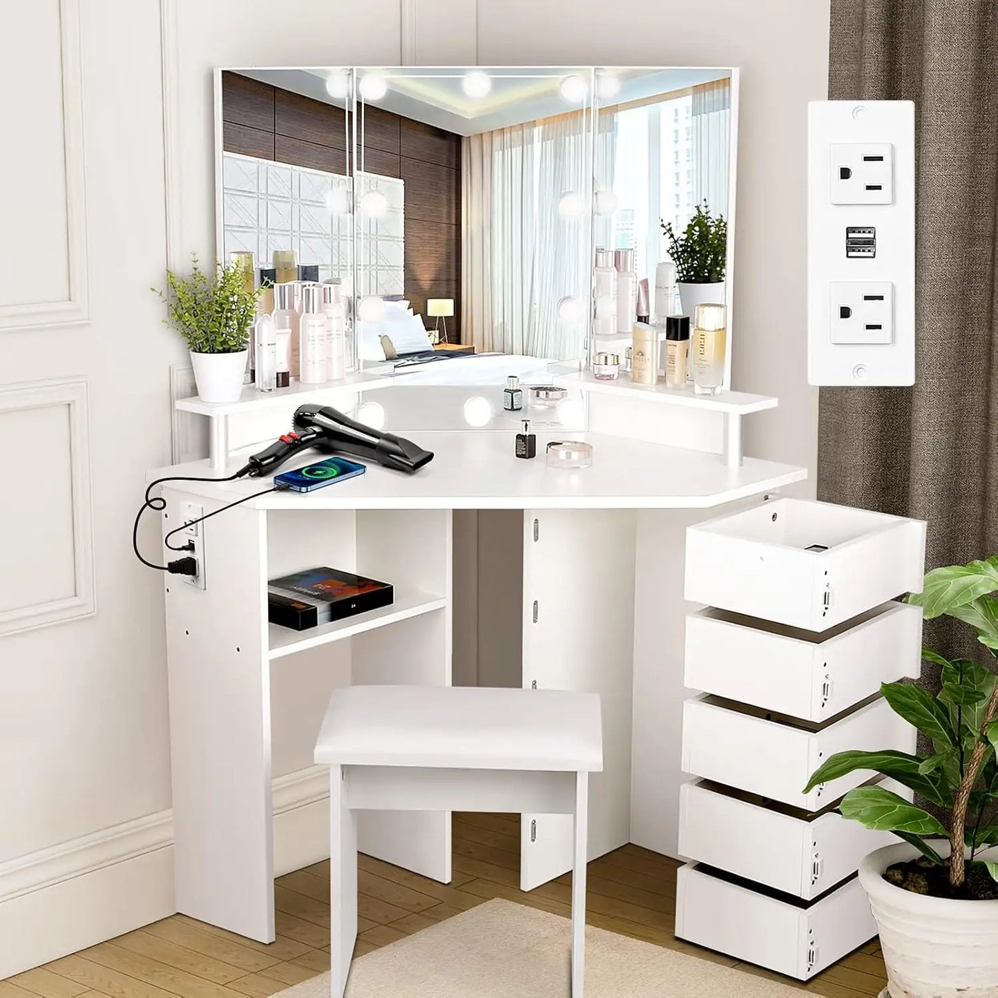MOYU Vanity With Lights Makeup Desk With Power Outlet