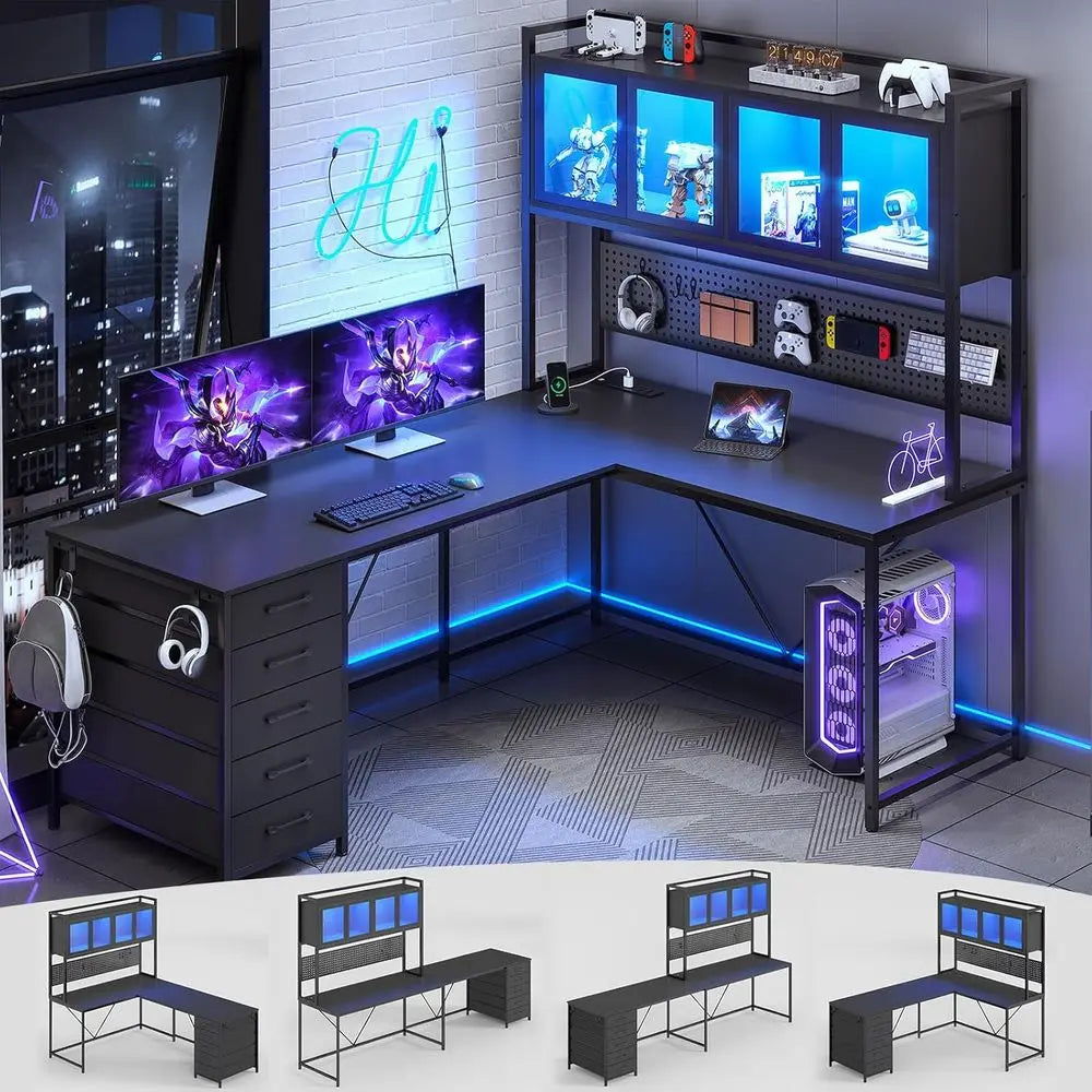 L Shaped Computer Desk With Led Lights And Storage