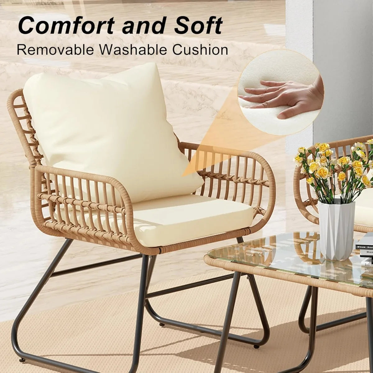 4-Piece Wicker Outdoor Patio Furniture Set with Cushions & Tempered Glass Table, All-Weather Rattan Bistro Set with Loveseat
