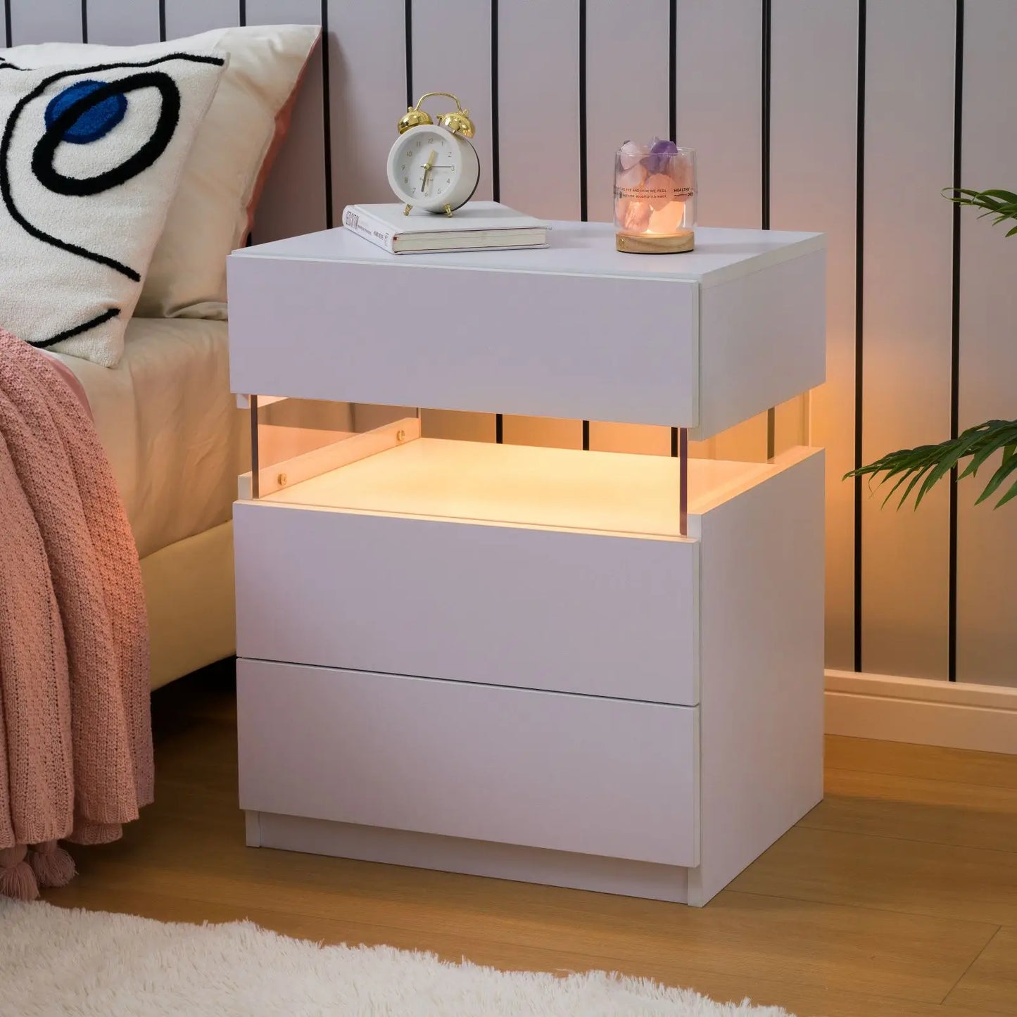 Cubehom Bedside Tables Set With LED Lighting And Drawers