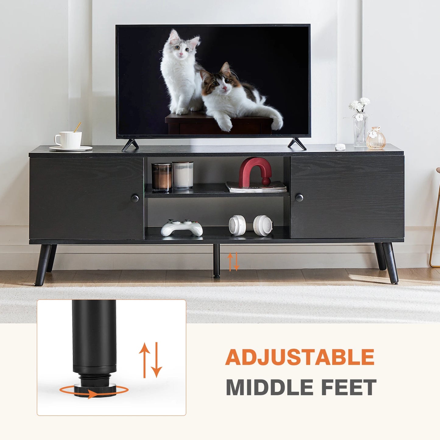 JHK Wooden TV Stand With Adjustable Storage Shelf