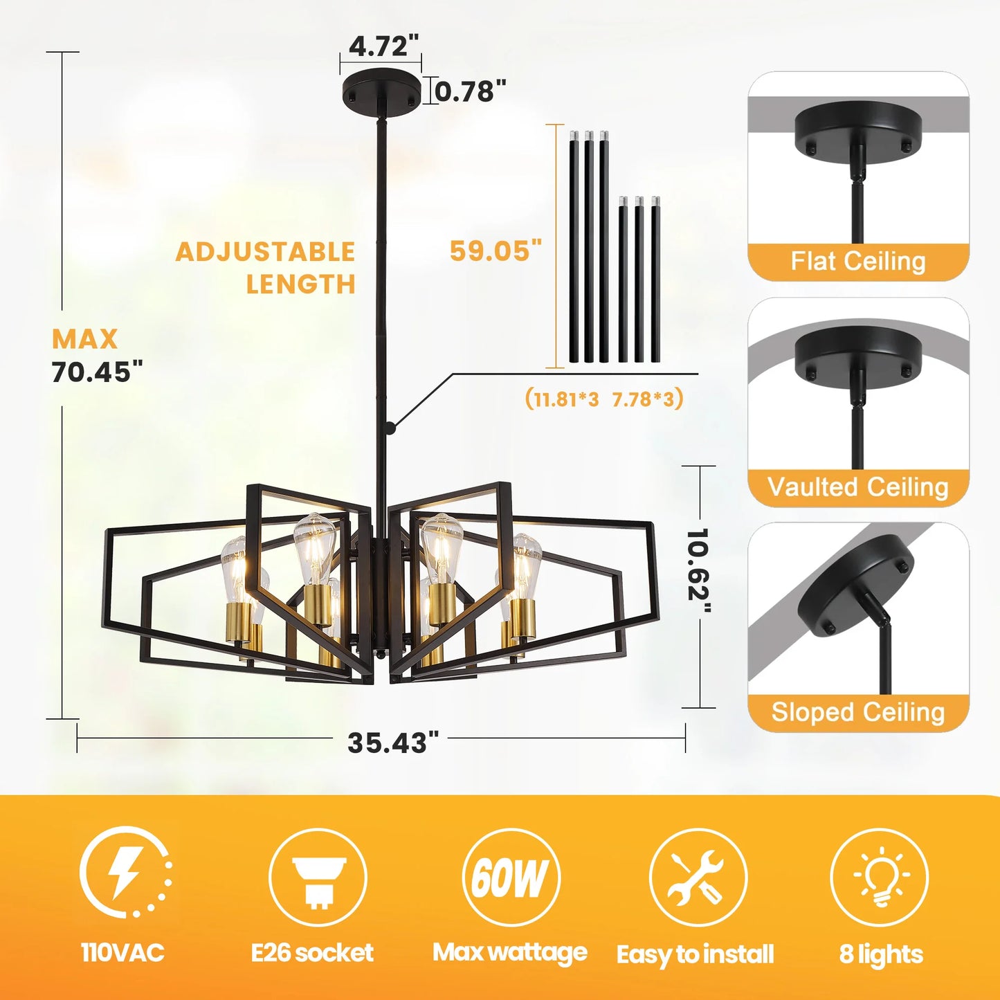 Geometric 8-Light Chandelier With Adjustable Height Pendant