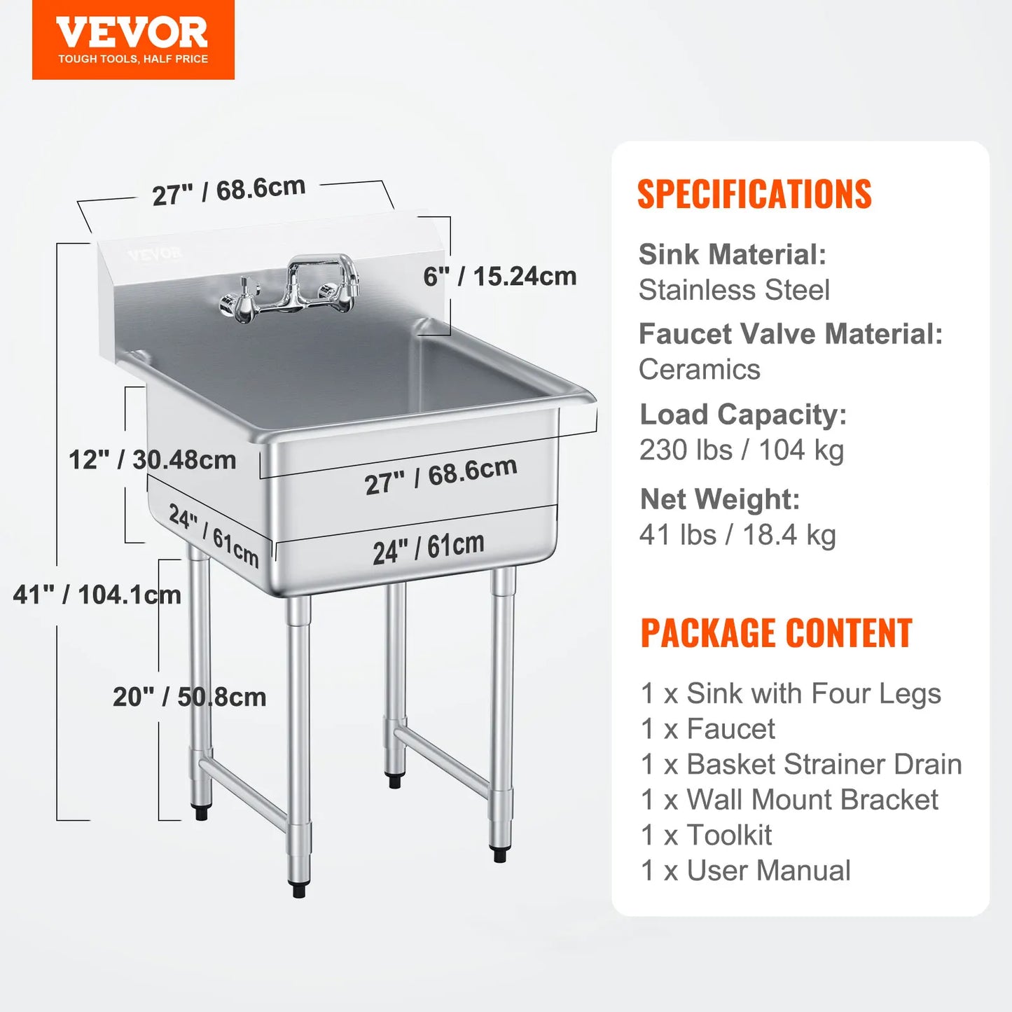 Stainless Steel Kitchen Prep Sink With Faucet Single Bowl