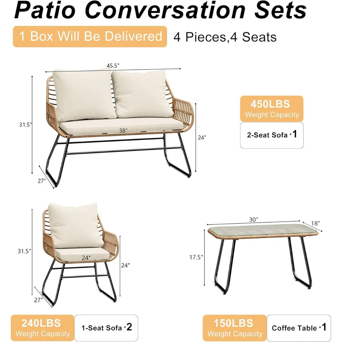 4-Piece Wicker Outdoor Patio Furniture Set with Cushions & Tempered Glass Table, All-Weather Rattan Bistro Set with Loveseat