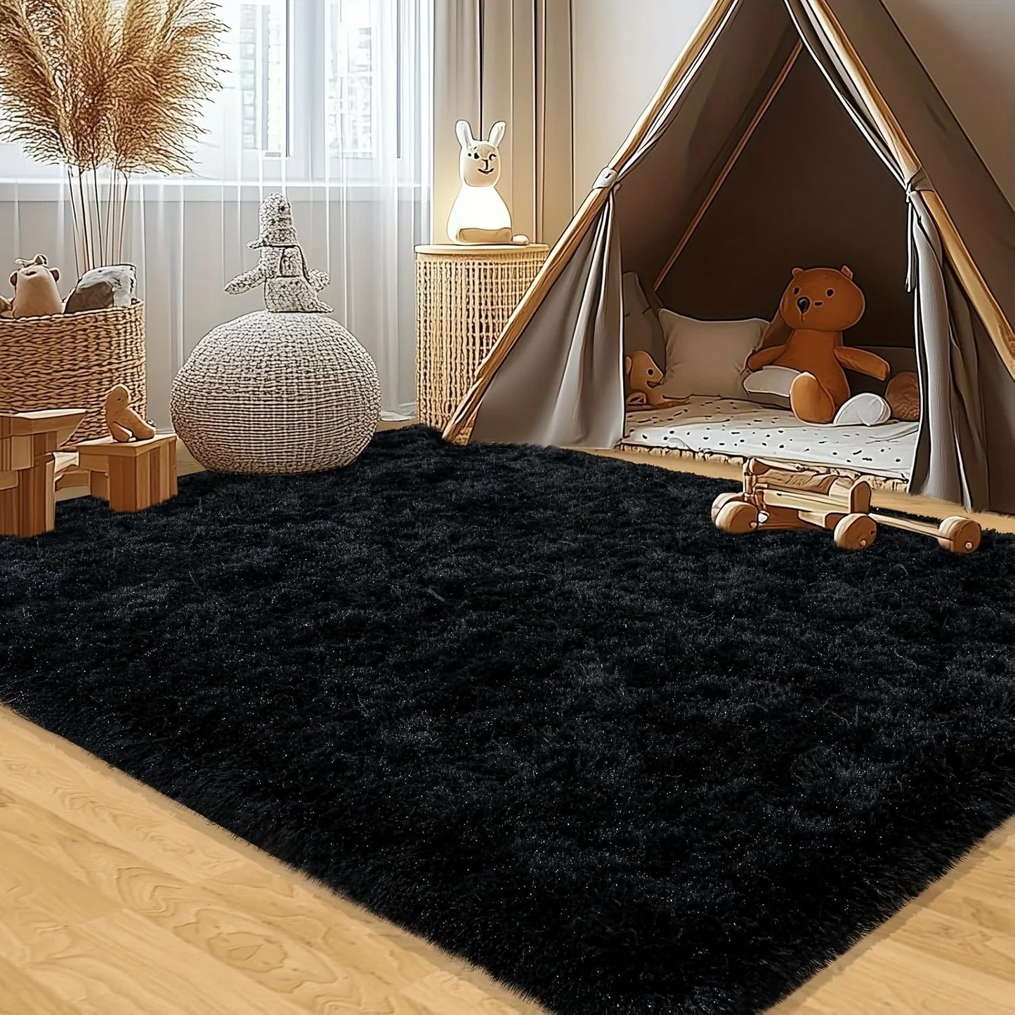Plush Geometric Aubusson Rug 100 Percent Polyester Black