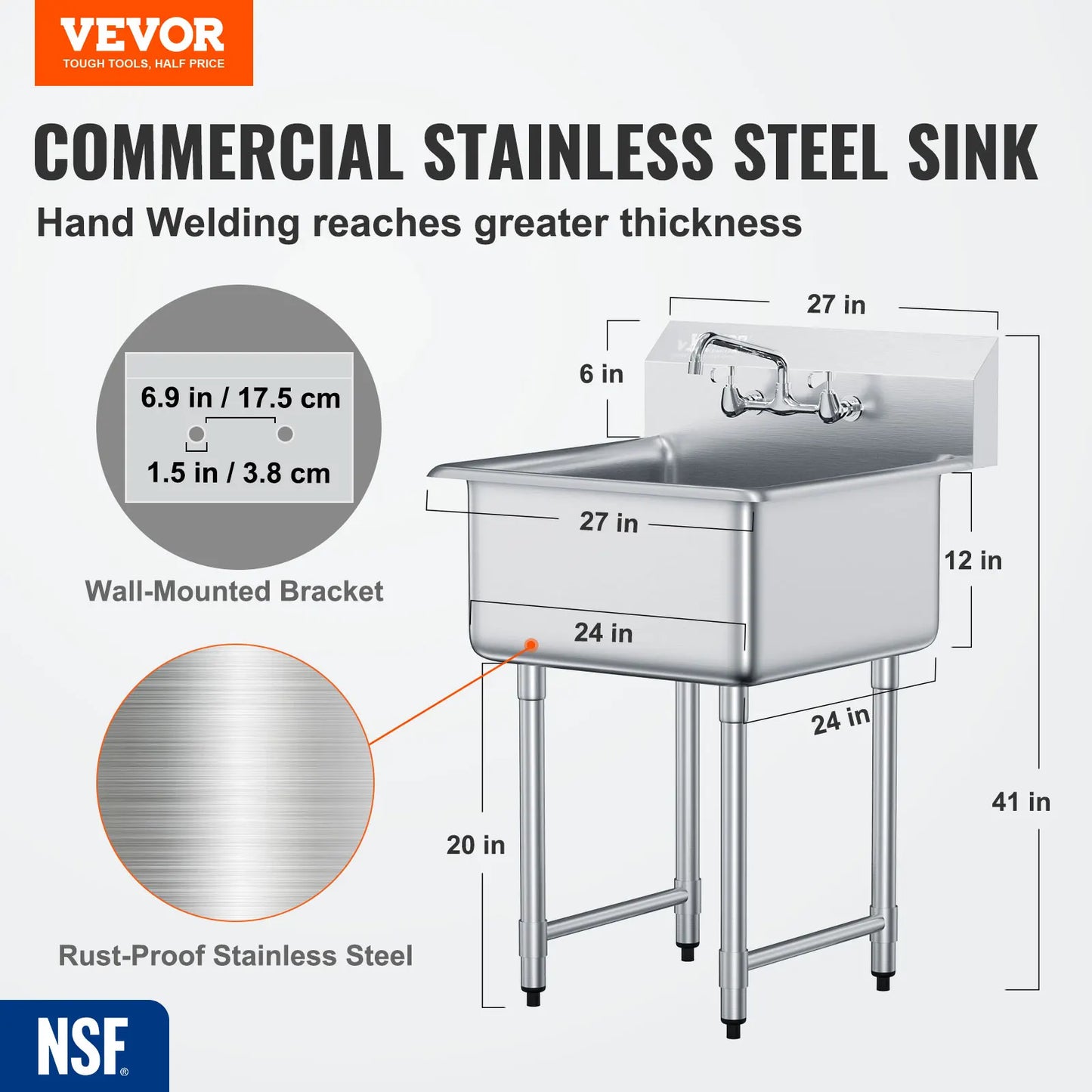 Stainless Steel Kitchen Prep Sink With Faucet Single Bowl