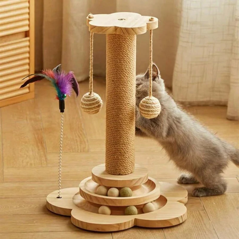 Wood Cat Scratching Post And Interactive Activity Center