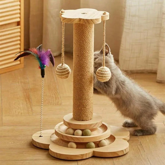 Wood Cat Scratching Post And Interactive Activity Center
