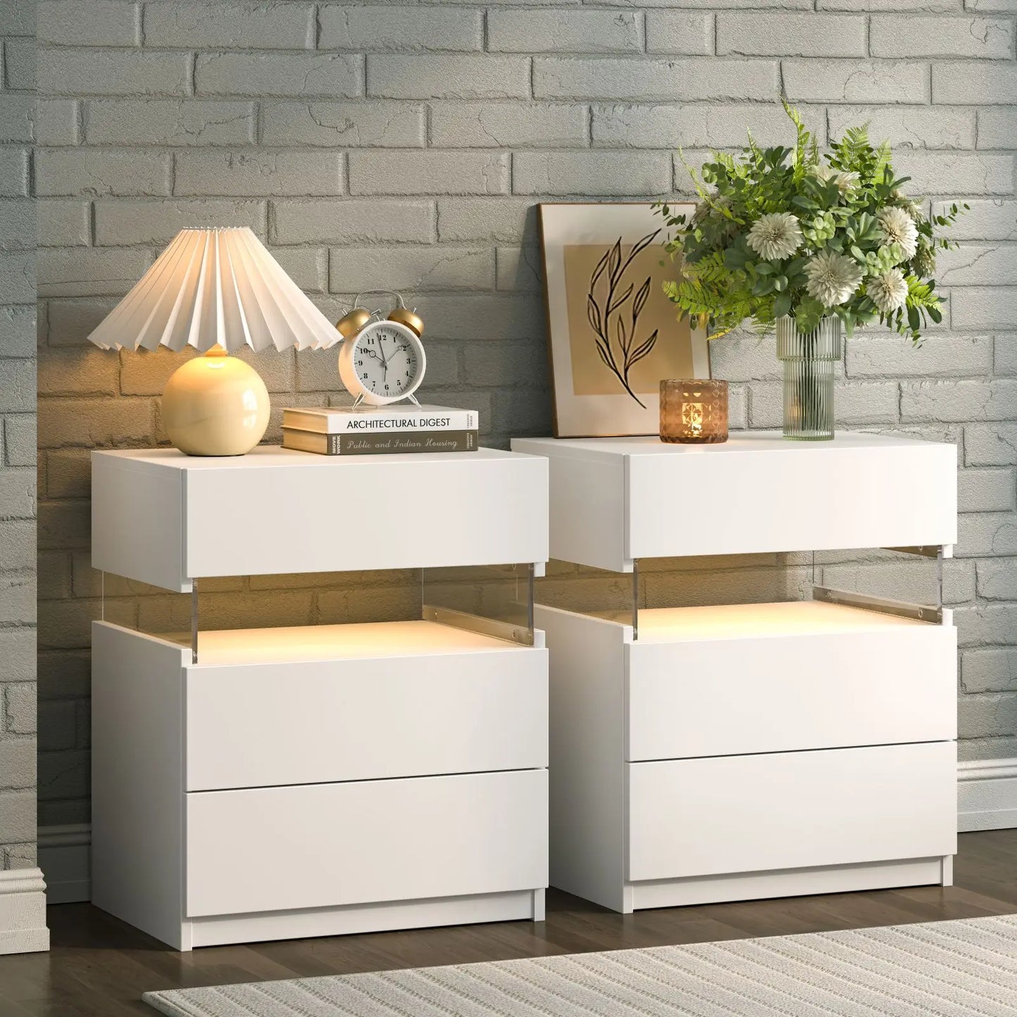 Cubehom Bedside Tables Set With LED Lighting And Drawers