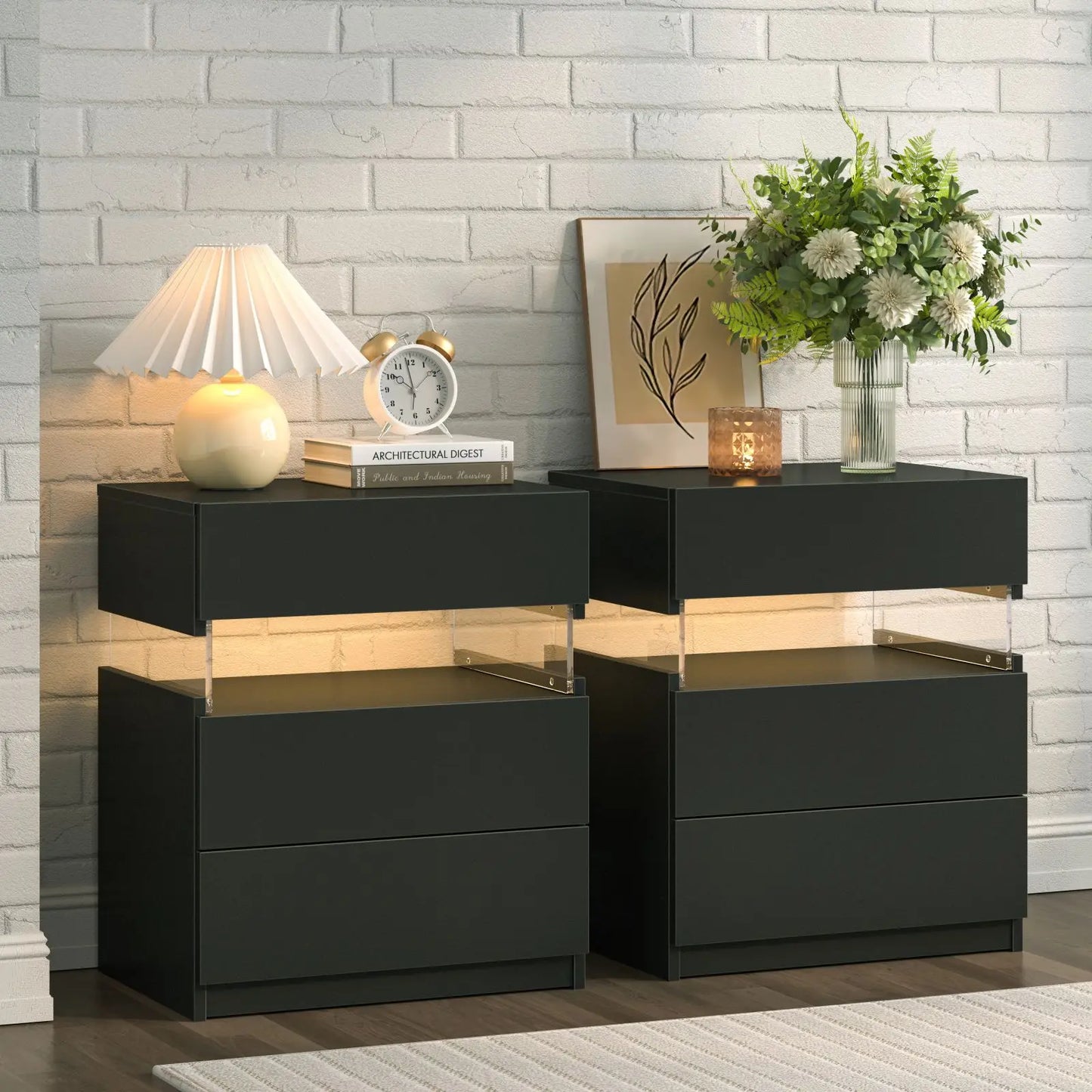 Cubehom Bedside Tables Set With LED Lighting And Drawers