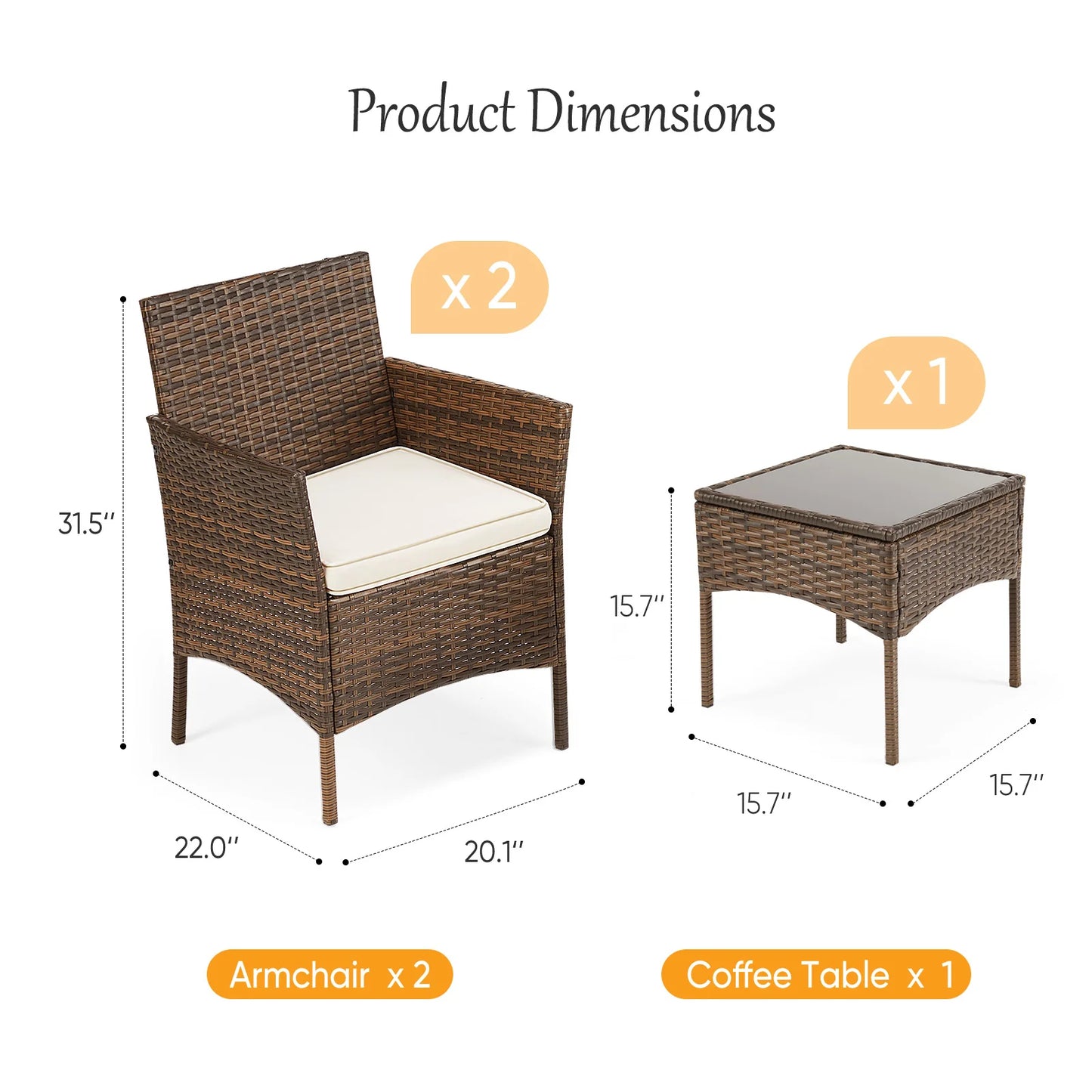 JHK Outdoor 3-Piece Wicker Rattan Patio Furniture Set
