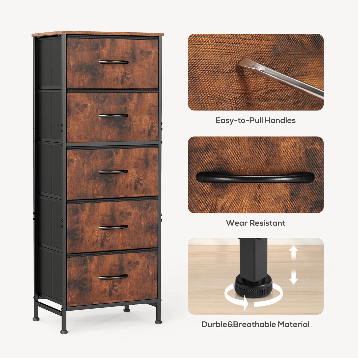 JHK Five Drawer Dresser With Fabric Drawers And Steel Frame