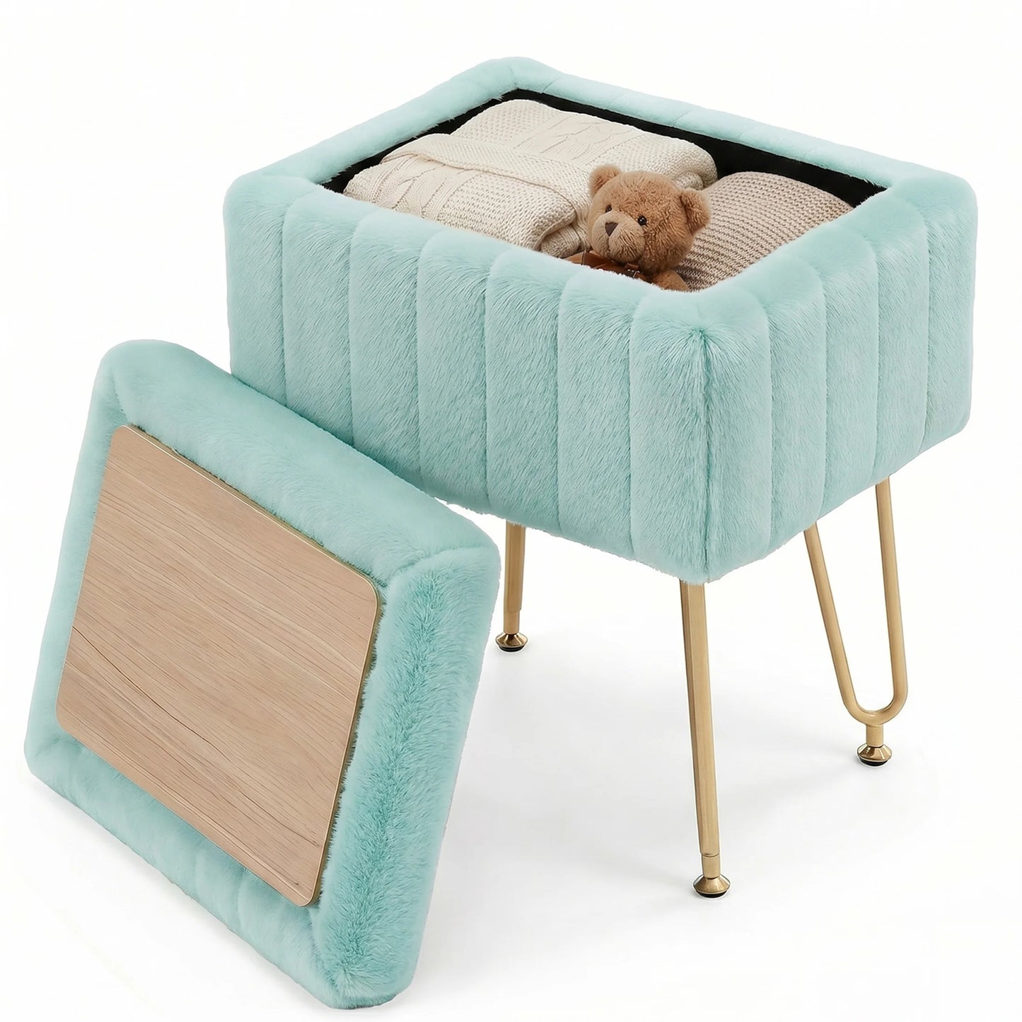 JHK Faux Fur Vanity Stool With Storage Ottoman