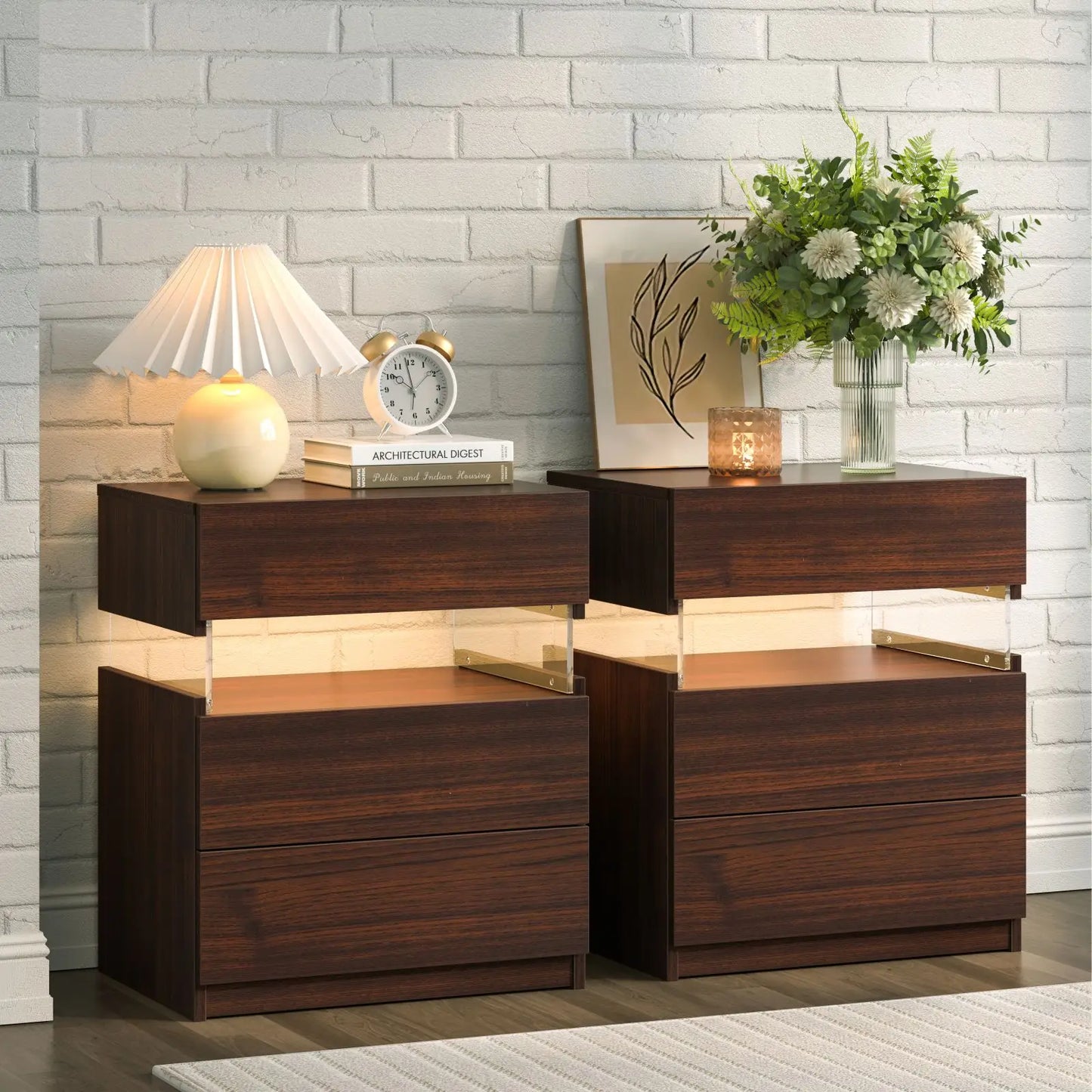 Cubehom Bedside Tables Set With LED Lighting And Drawers