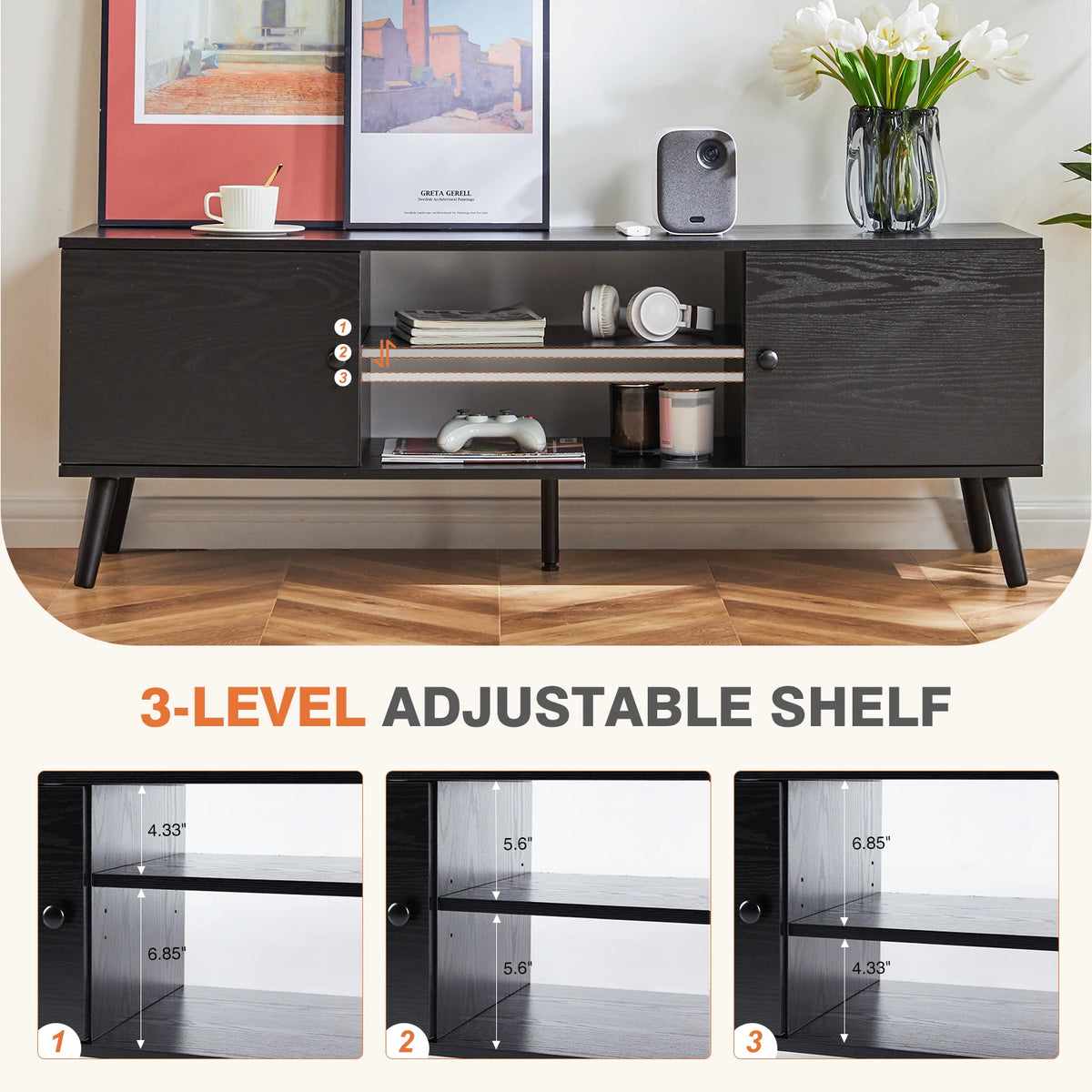JHK Wooden TV Stand With Adjustable Storage Shelf