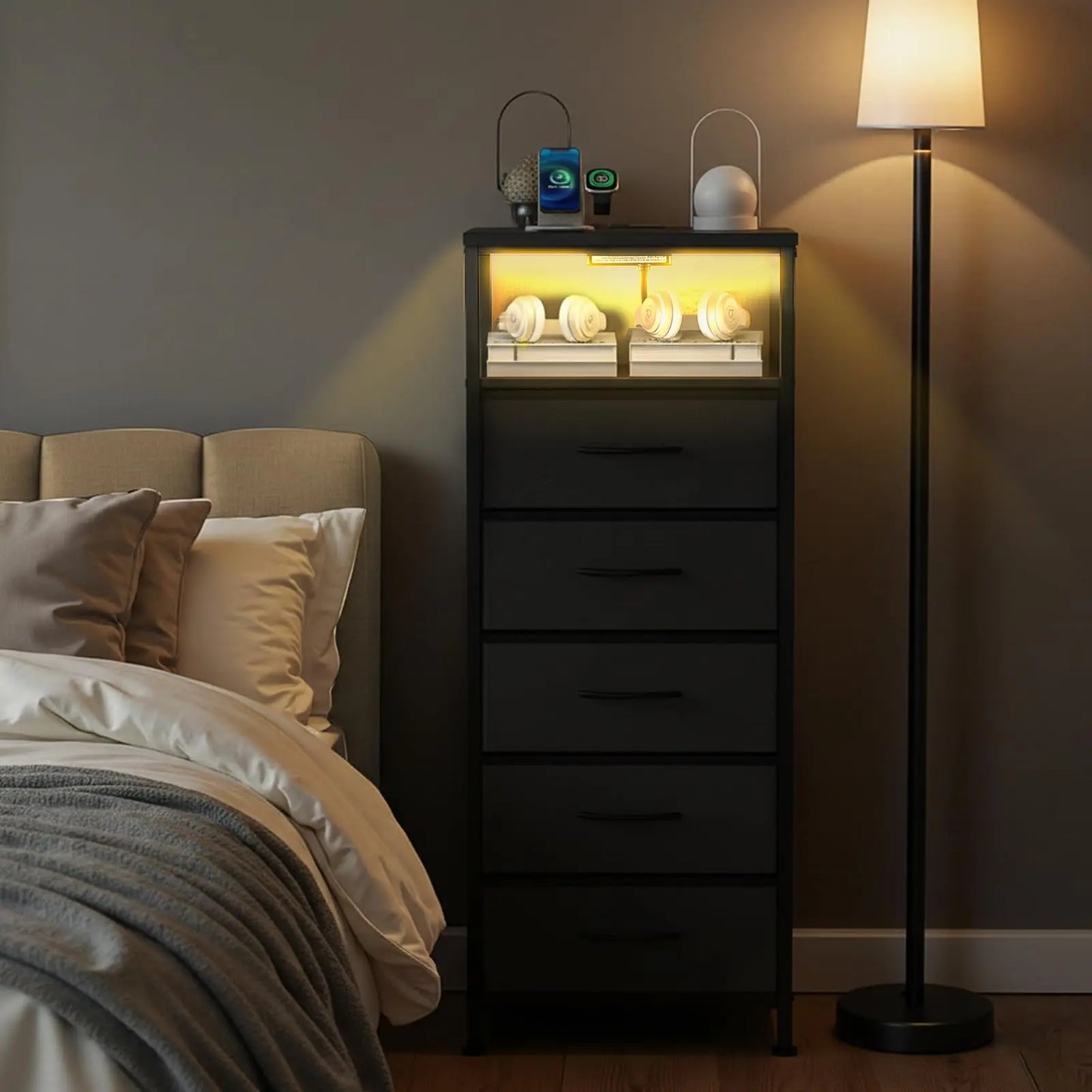 JHK 5 Drawer Fabric Dresser Nightstand With Outlets