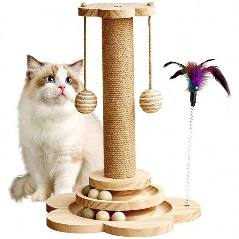 Wood Cat Scratching Post And Interactive Activity Center