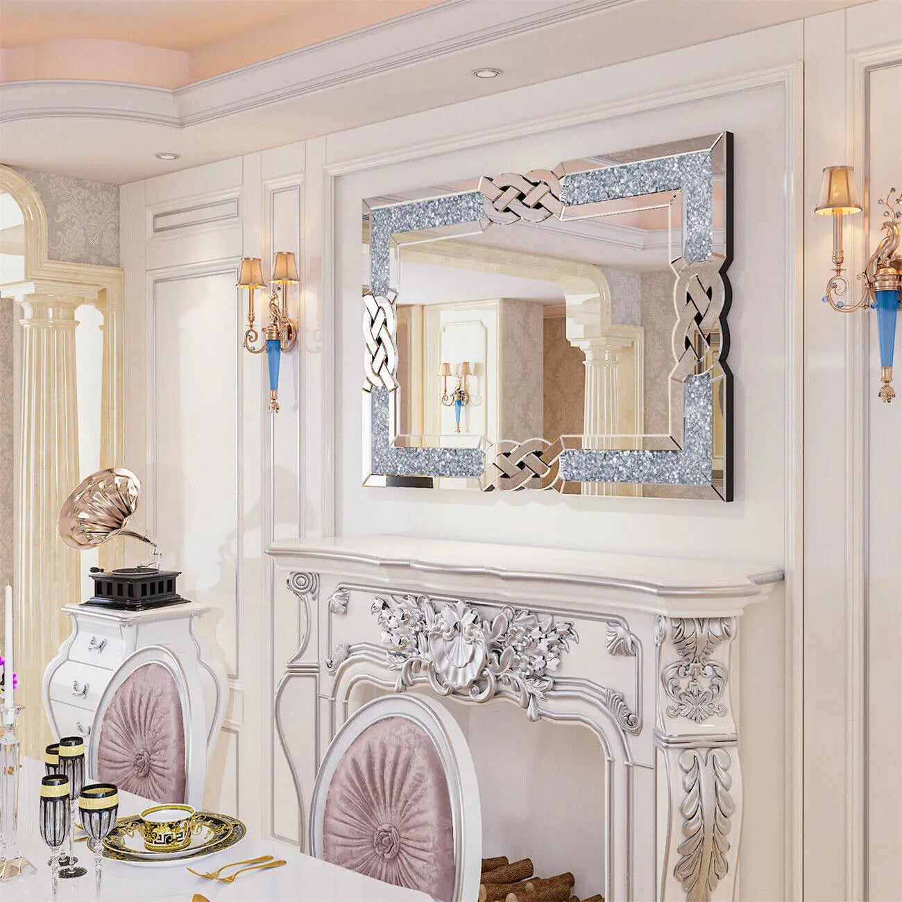 LUVODI Silver Crystal Crush Glass Wall Mirror