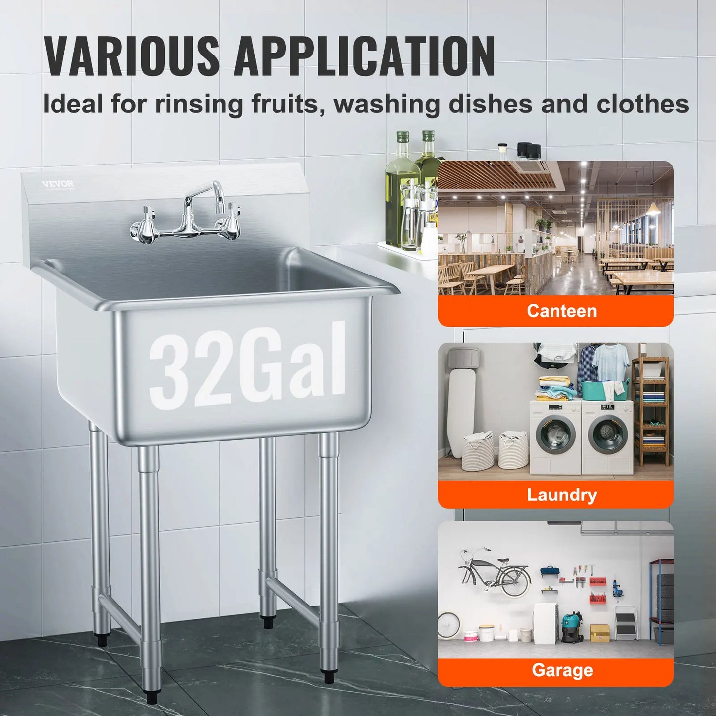 Stainless Steel Kitchen Prep Sink With Faucet Single Bowl