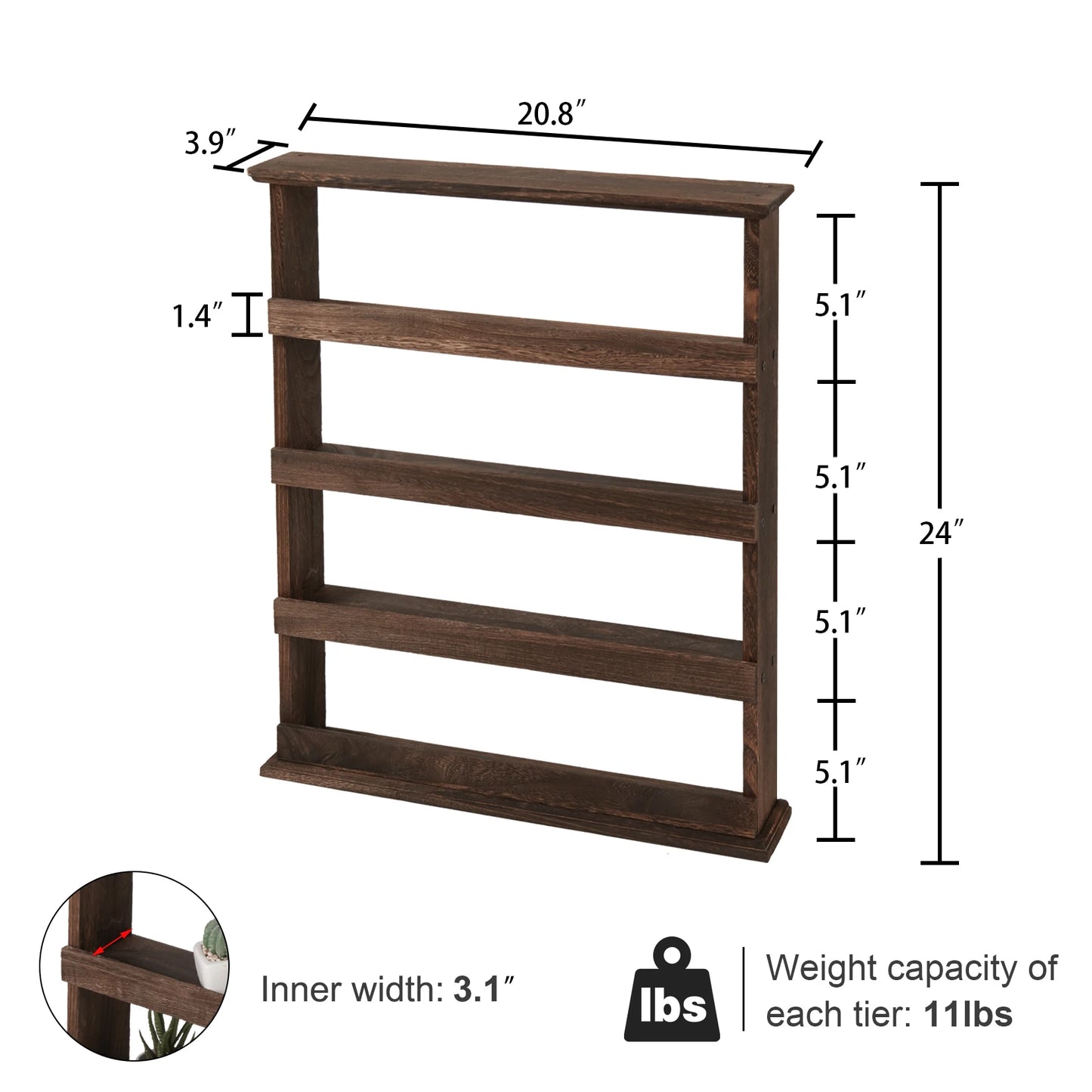 Bamboo Rustic Torched 4-Tier Wall Mount Spice Rack