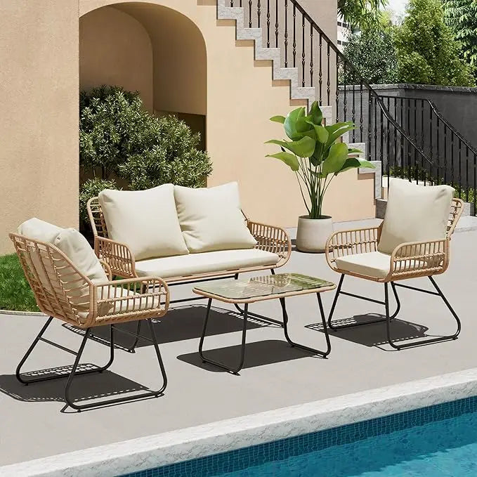 4-Piece Wicker Outdoor Patio Furniture Set with Cushions & Tempered Glass Table, All-Weather Rattan Bistro Set with Loveseat