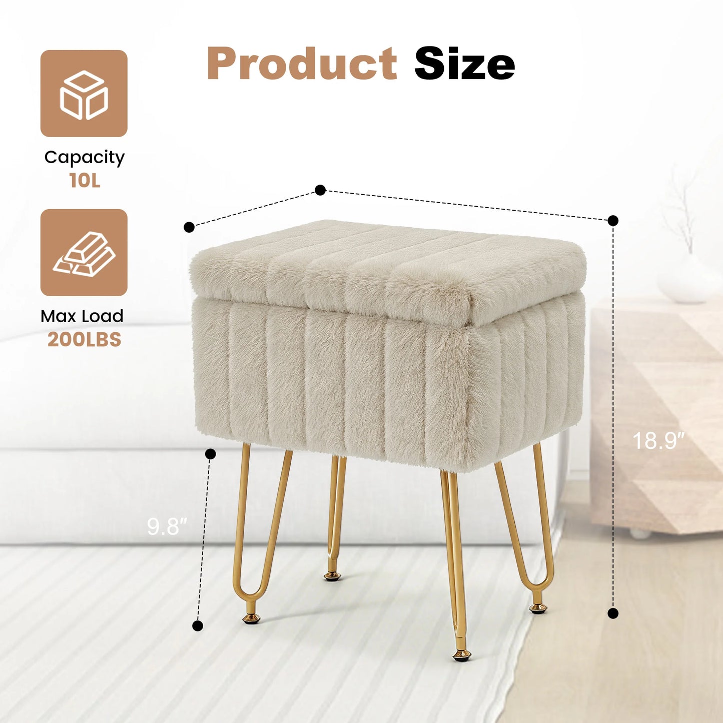 JHK Faux Fur Vanity Stool With Storage Ottoman
