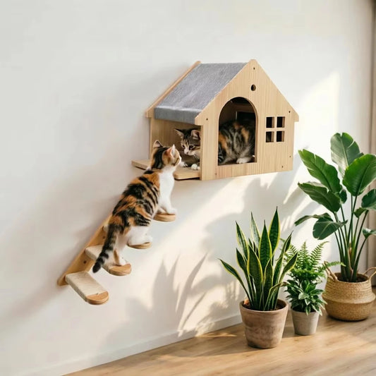 Wooden Wall Mounted Cat Condo Shelf Villa