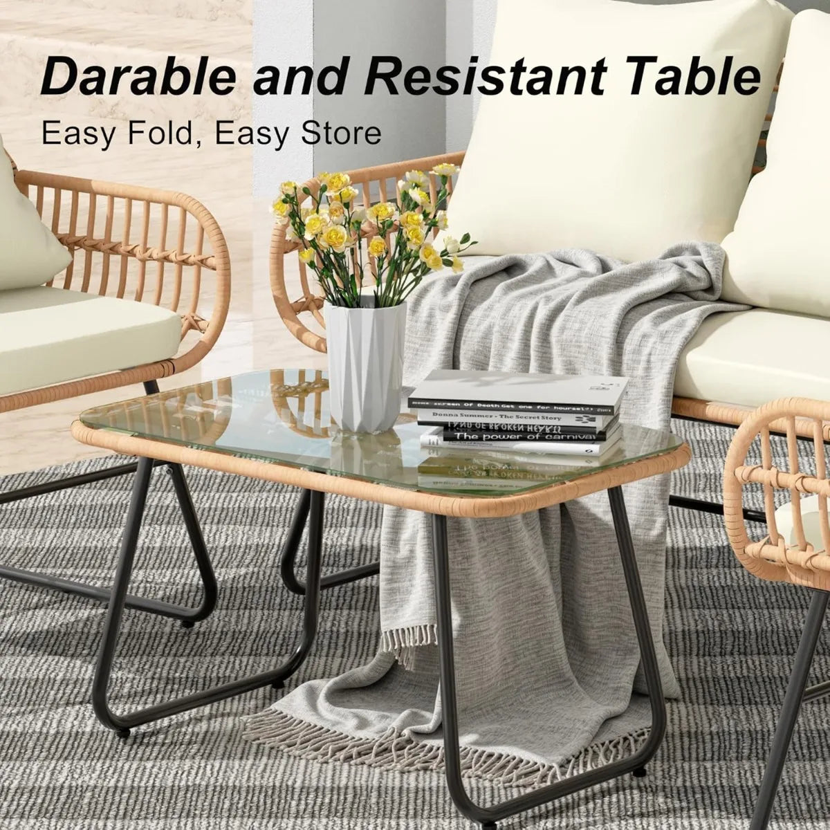 4-Piece Wicker Outdoor Patio Furniture Set with Cushions & Tempered Glass Table, All-Weather Rattan Bistro Set with Loveseat