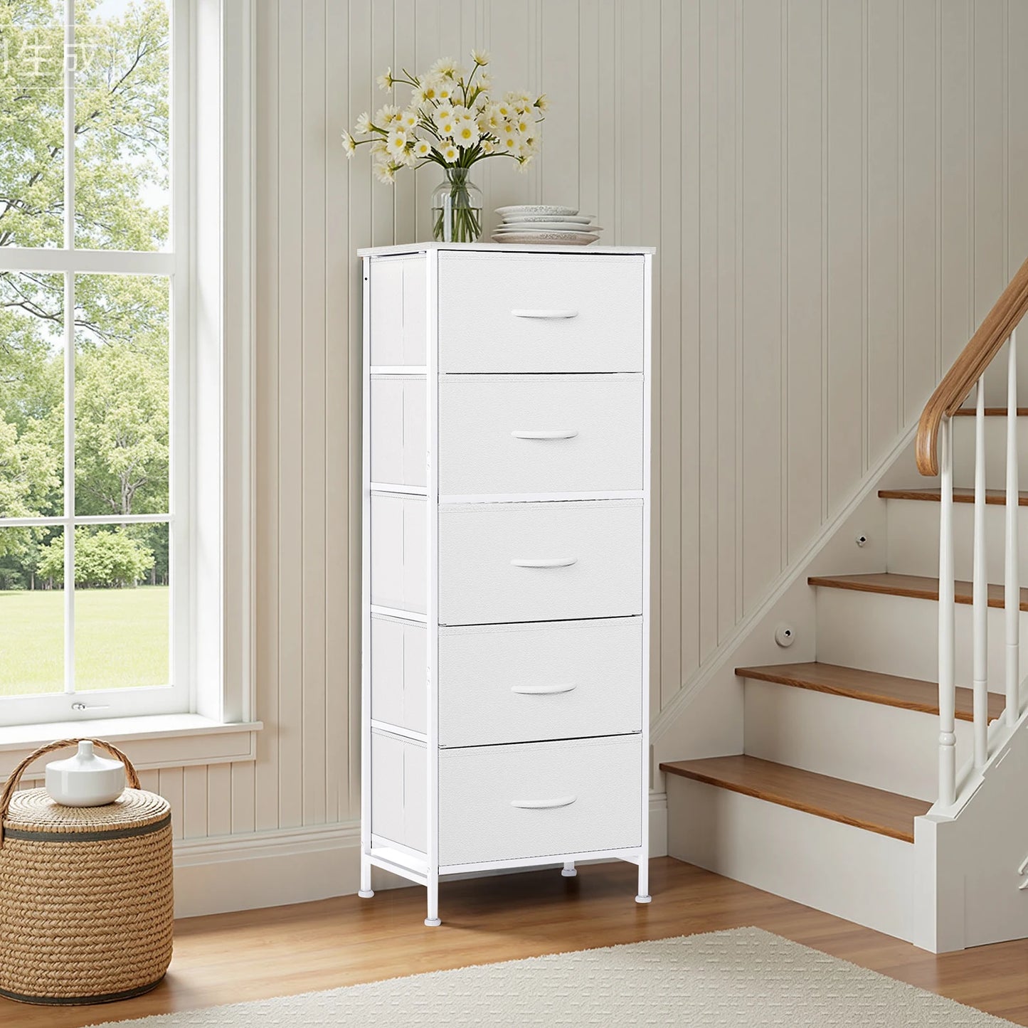 JHK Five Drawer Dresser With Fabric Drawers And Steel Frame