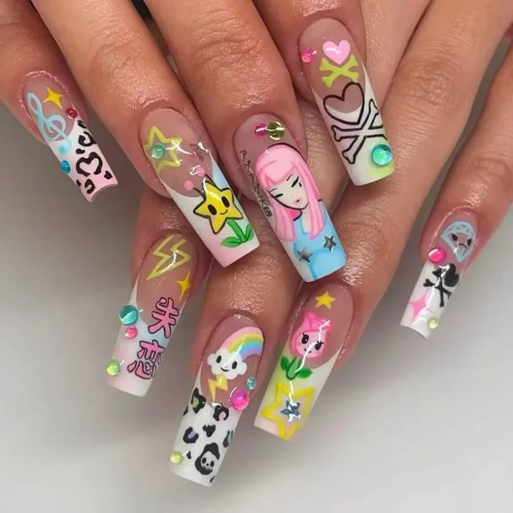 Japanese Cartoon Girl Reusable Press On Nails for Daily Wear