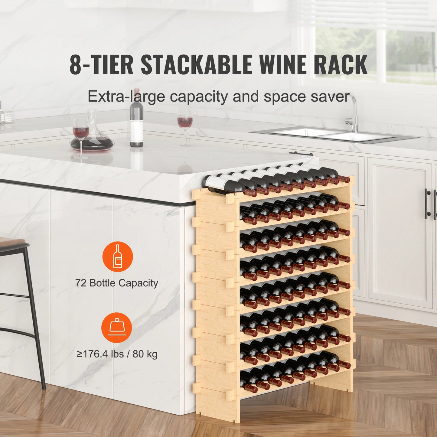 SucceBuy Bamboo Stackable Wine Rack 8 Tier Free Standing