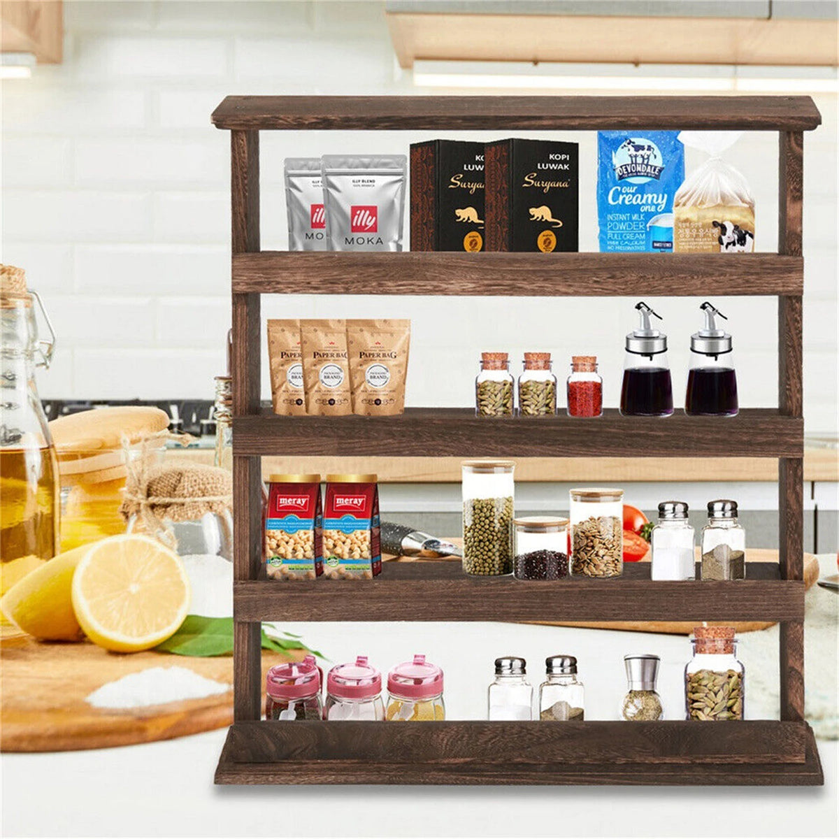Bamboo Rustic Torched 4-Tier Wall Mount Spice Rack