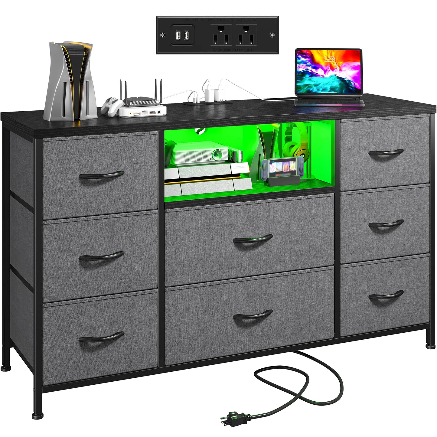 LED Lighting 8-Drawer Media Dresser With Charging