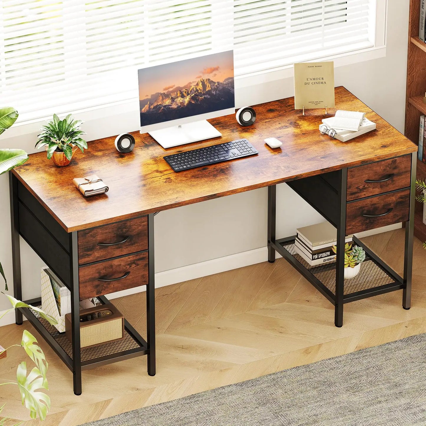 JHK Computer Desk With 4 Drawers And Mesh Shelf