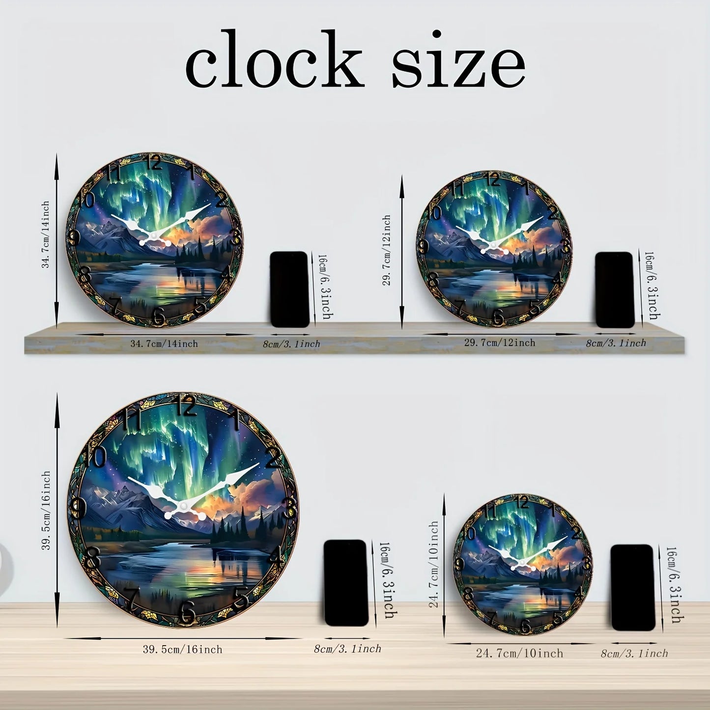 XMSJ Wooden Snow Mountain Aurora Wall Clock Silent Analog