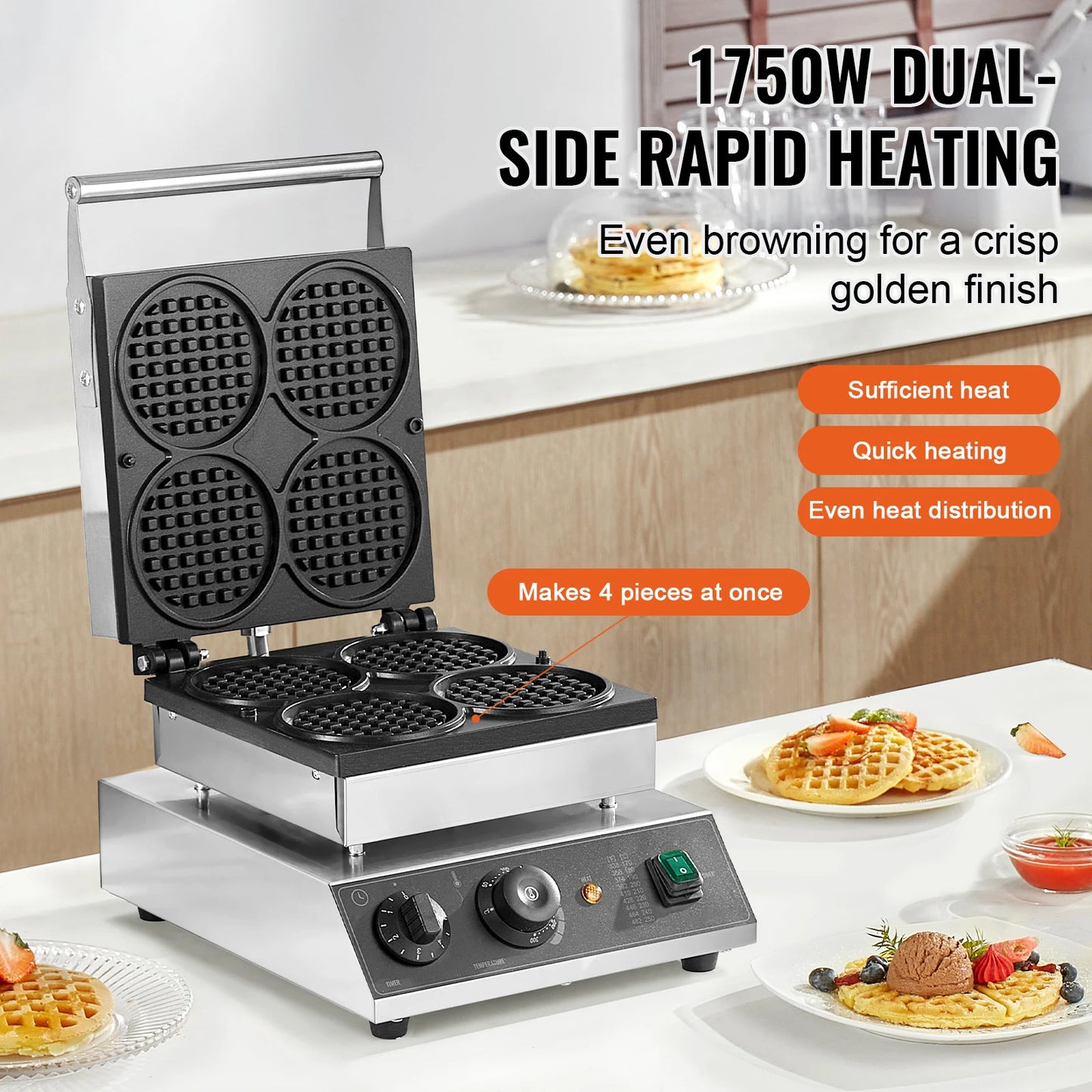 SucceBuy Commercial Waffle Maker 4 Pack 1750W Nonstick