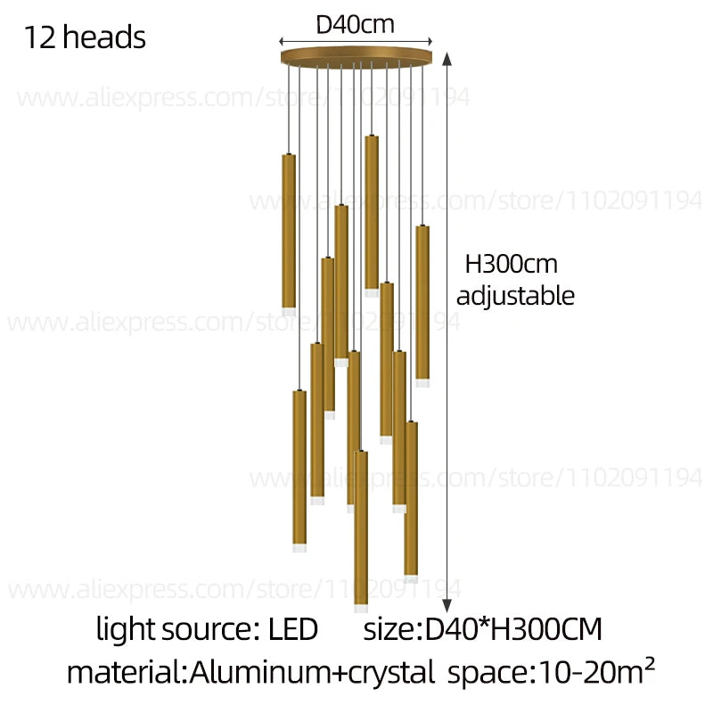 Campeggi Led Luxury Staircase Chandelier Gold Column