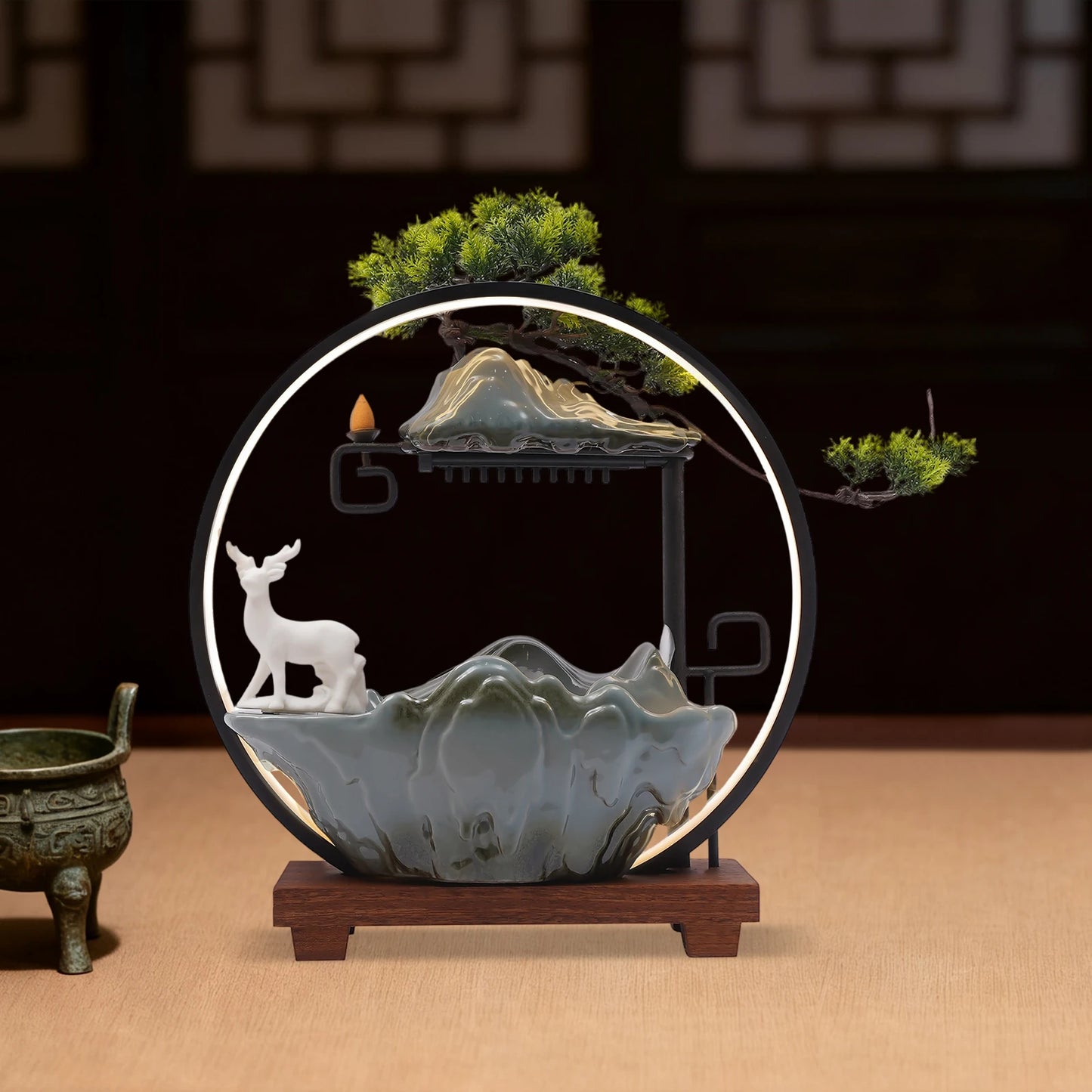 Ceramic Tabletop Fountain With Mist LED Deer Figurine