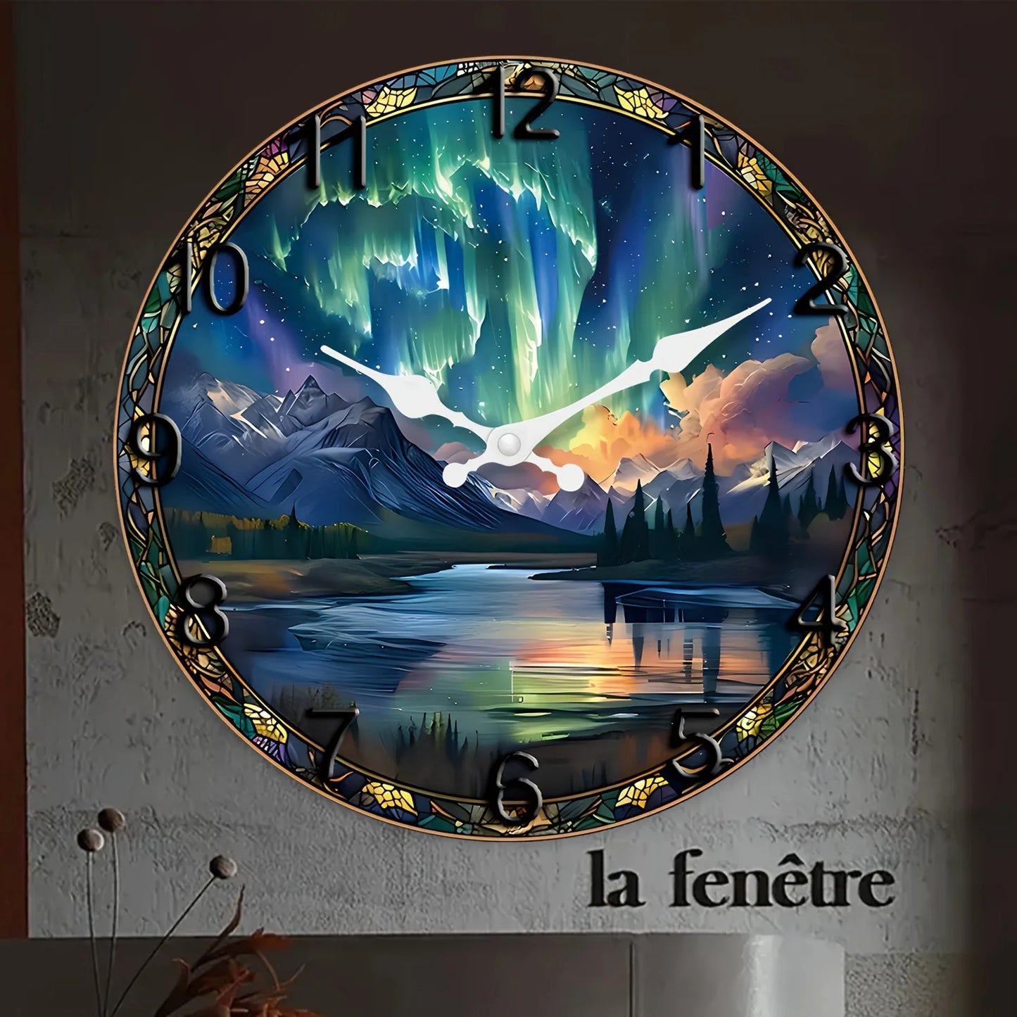 XMSJ Wooden Snow Mountain Aurora Wall Clock Silent Analog
