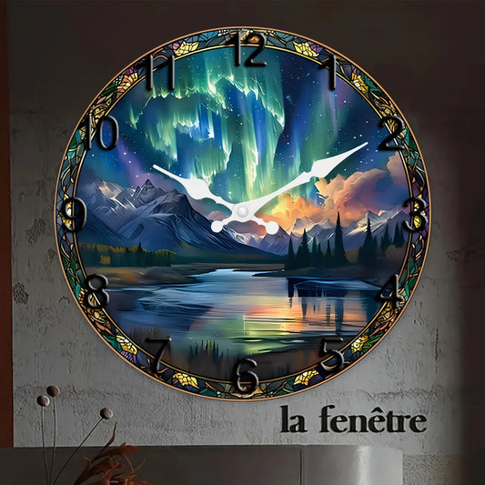 XMSJ Wooden Snow Mountain Aurora Wall Clock Silent Analog