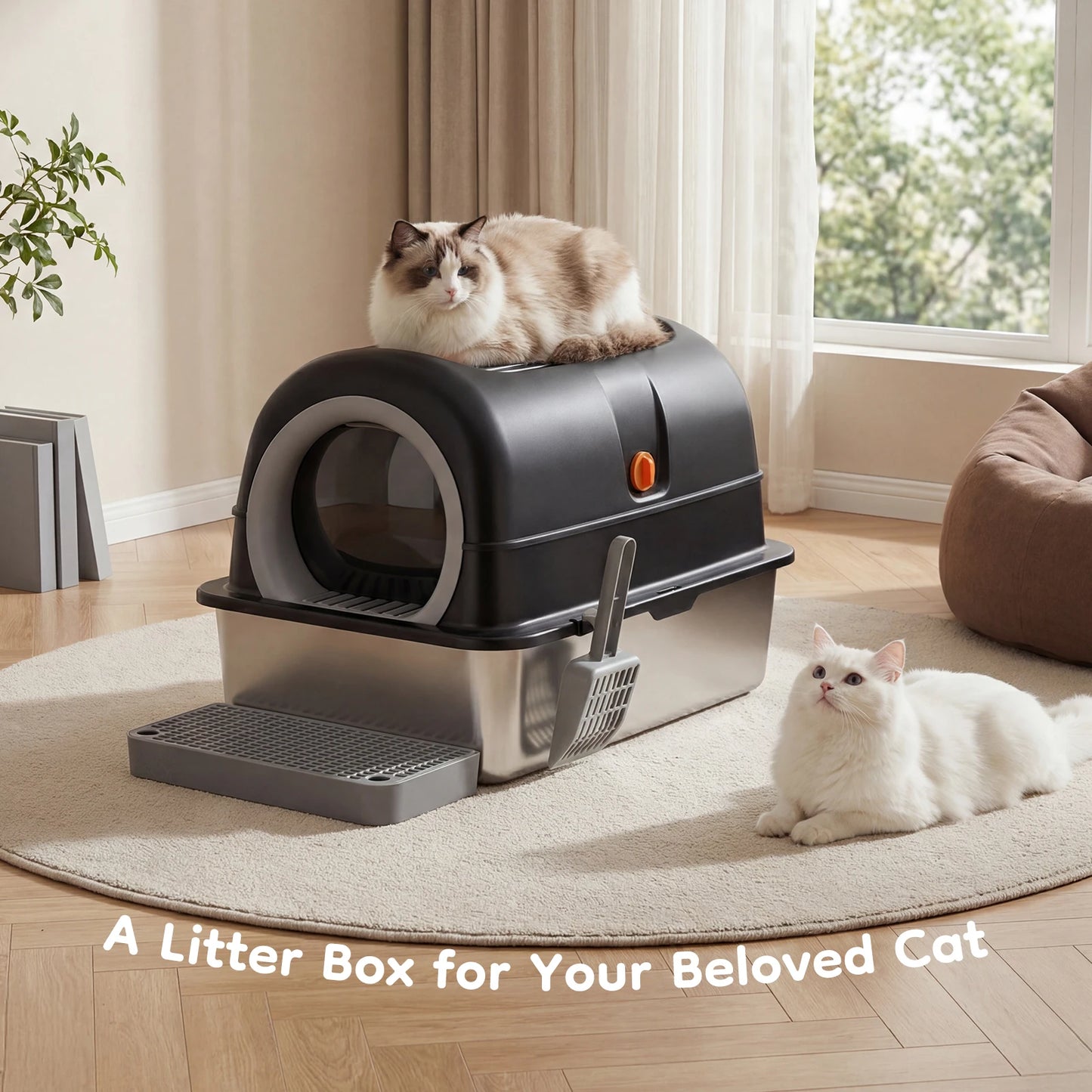 Stainless Steel Fully Enclosed Cat Litter Box For Large Cats