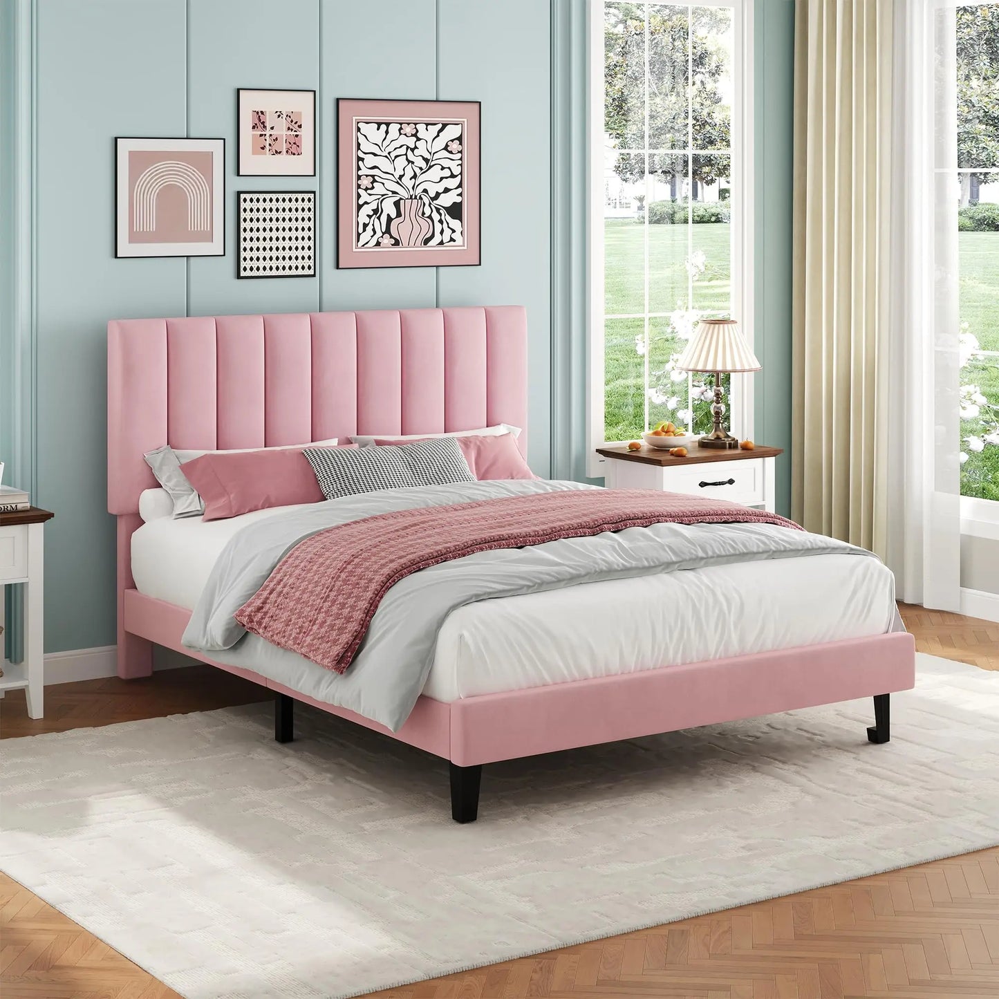 HiMISS Upholstered Platform Bed Frame With Wood Slats