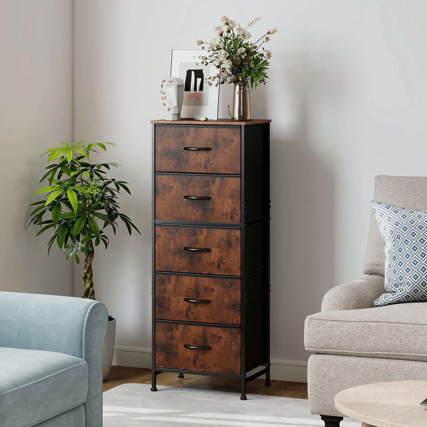 JHK Five Drawer Dresser With Fabric Drawers And Steel Frame