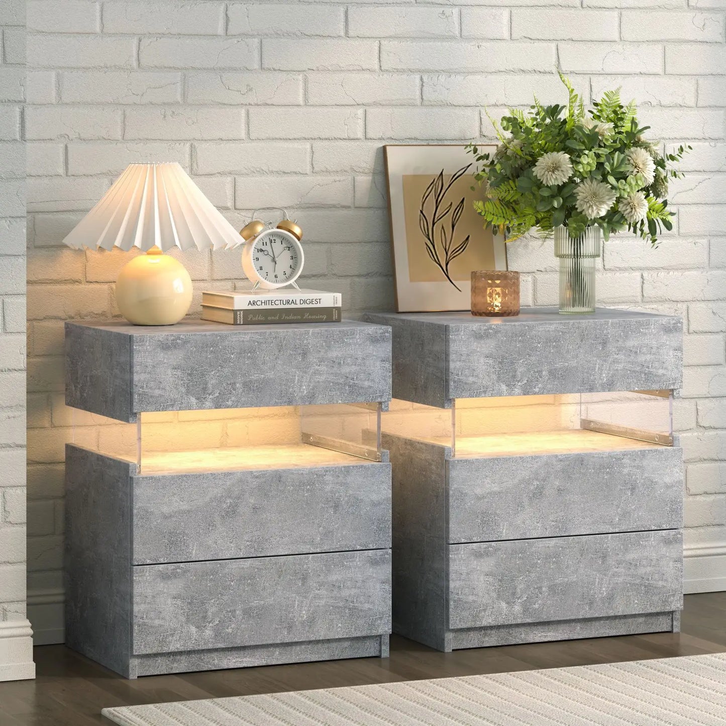 Cubehom Bedside Tables Set With LED Lighting And Drawers