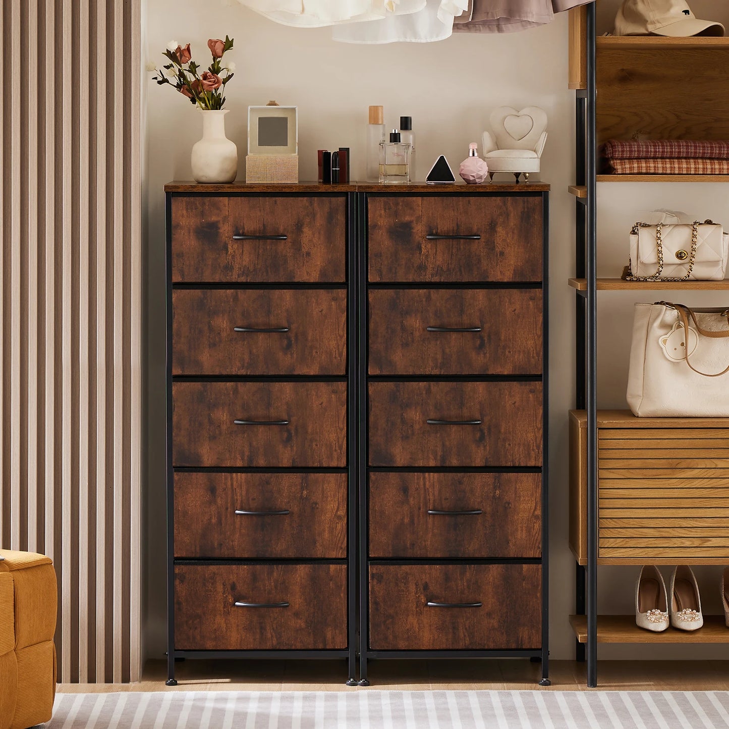 JHK Five Drawer Dresser With Fabric Drawers And Steel Frame
