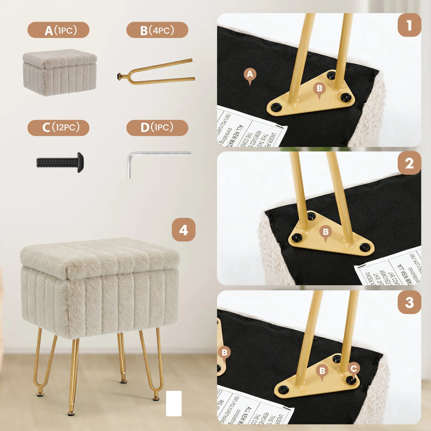 JHK Faux Fur Vanity Stool With Storage Ottoman