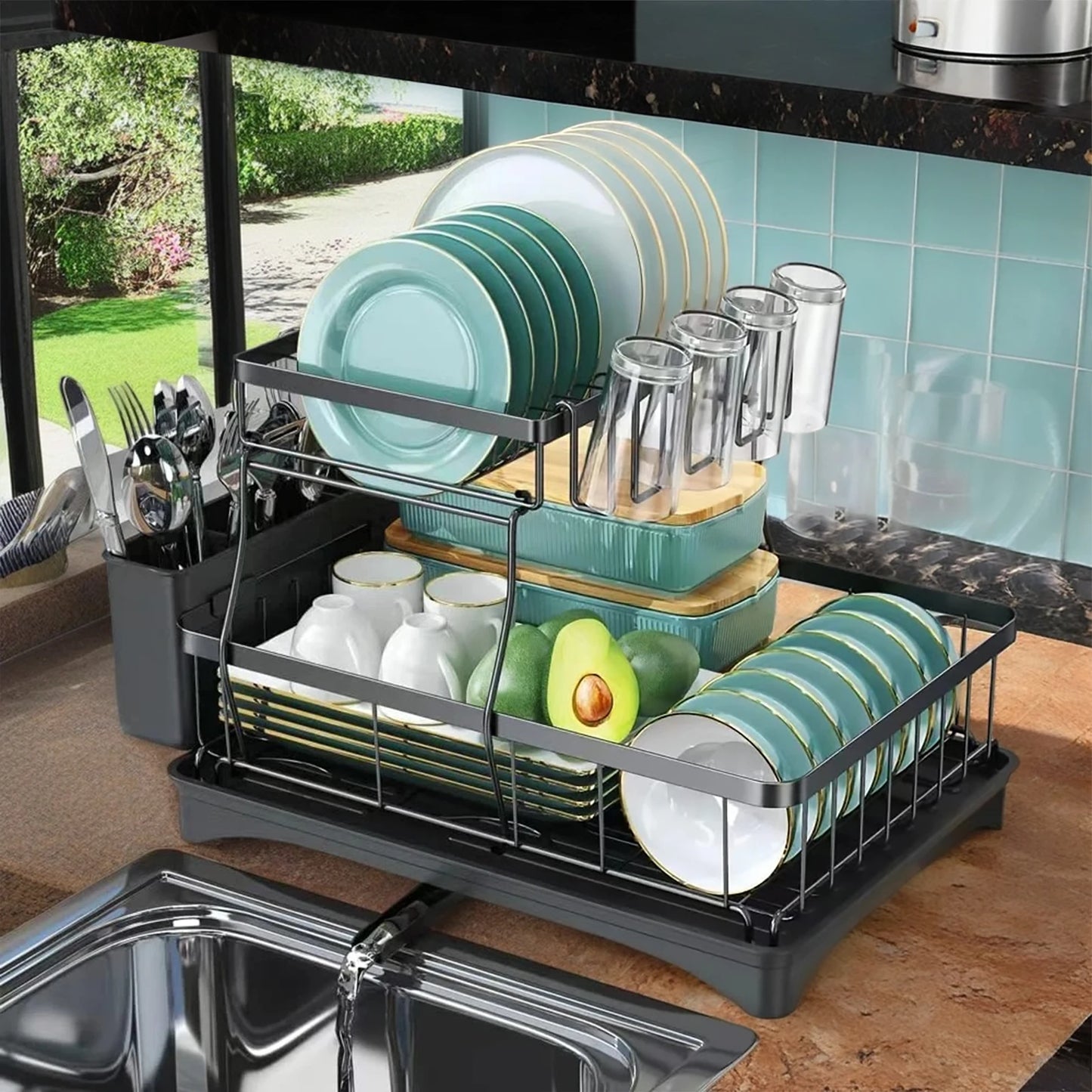 Two Tier Dish Drying Rack For Kitchen Countertop