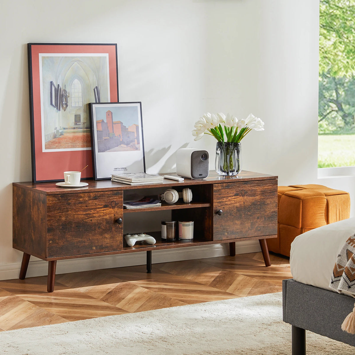 JHK Wooden TV Stand With Adjustable Storage Shelf