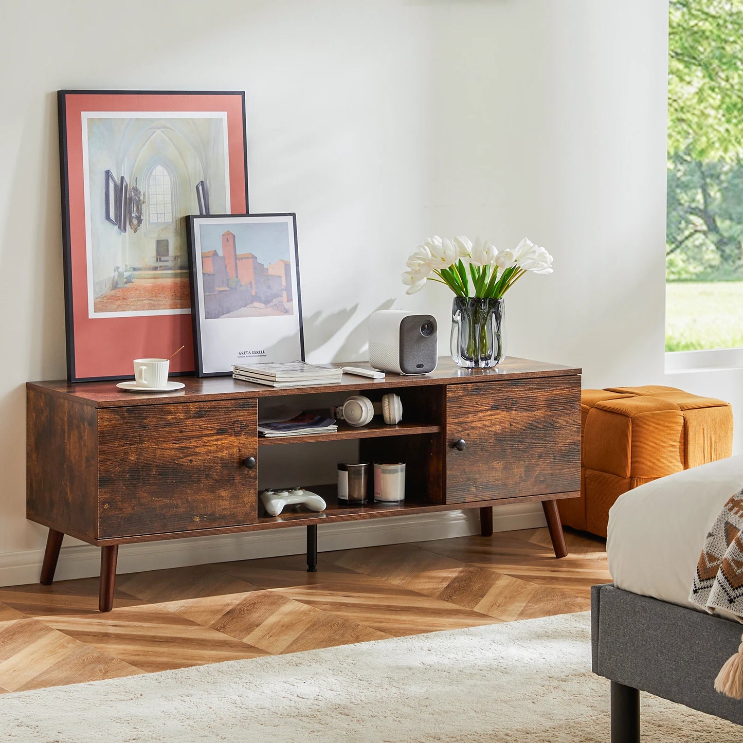 JHK Wooden Fireplace TV Stand With Storage Cabinet